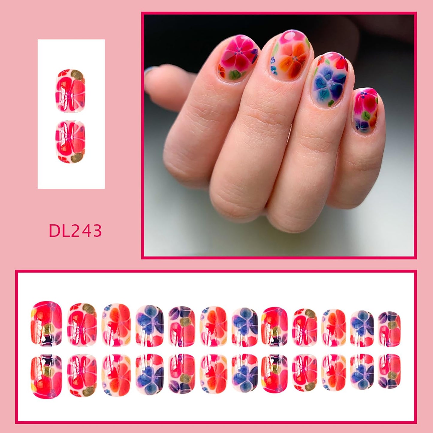 Press on Nails Almond Nails Colourful Flower Design Short Press Ons Nude Pink Fake Nails Exter Short Press on Nail Glossy False Nailsr for Women Reusable Acrylic Nails 24 Pcs