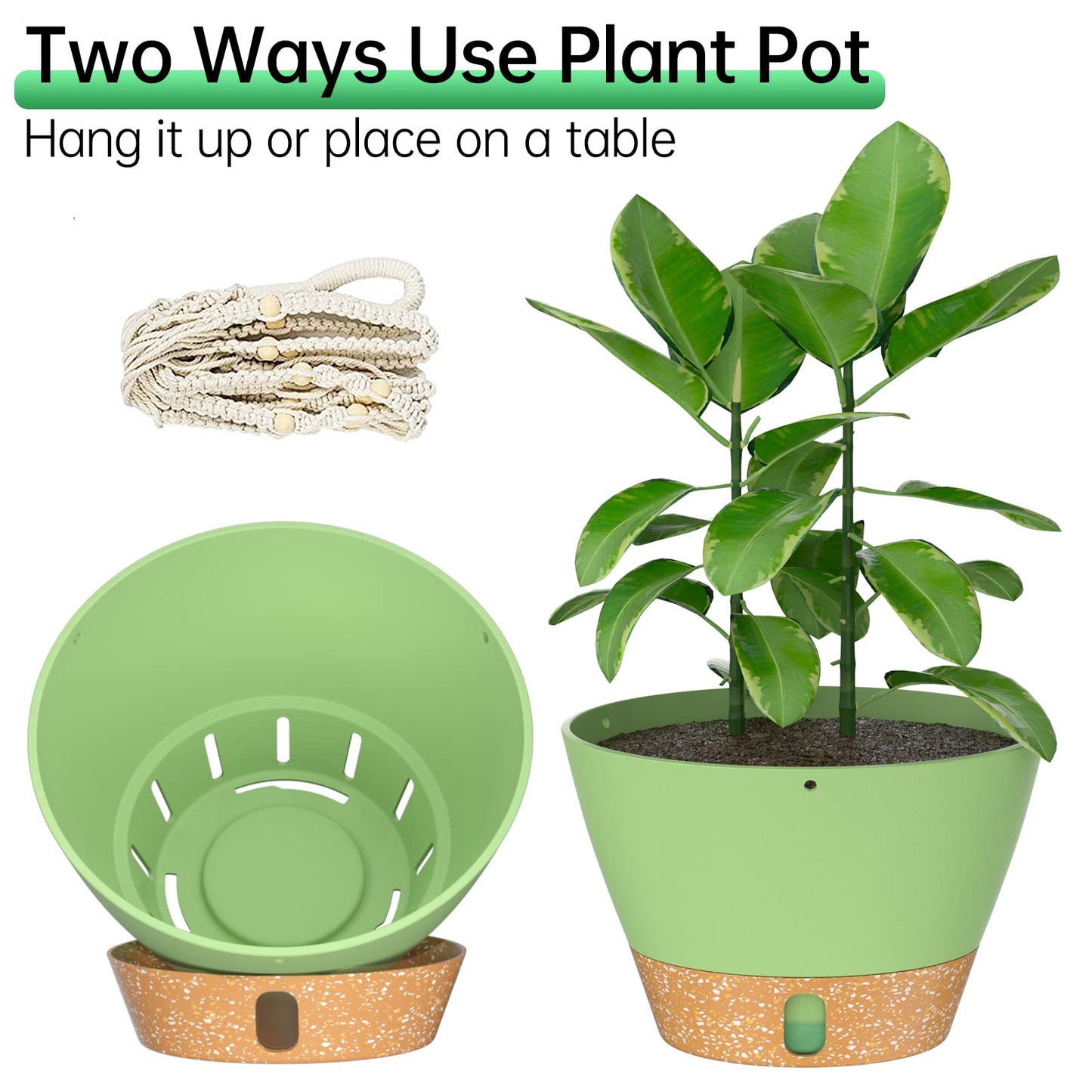 ZMTECH 2 Pack 10 Inch Hanging Planters with Macrame Plant Hanger for Indoor and Outdoor Plants, Self Watering, Drainage Hole, Visible Level Tray, Green