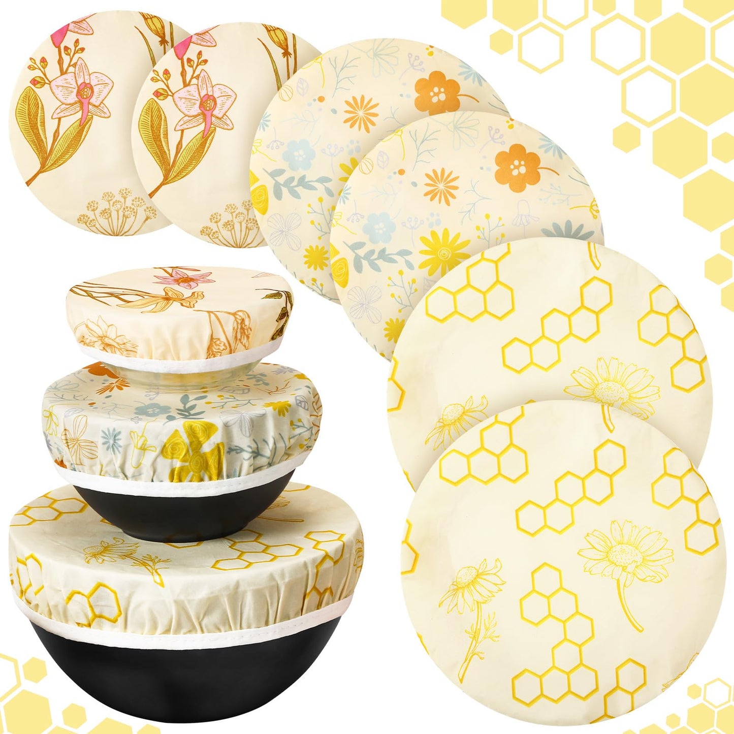 Yiyiring 6 Pcs Reusable Beeswax Bowl Covers for Bread Proofing 6/8/10 Inch Elastic Cotton Bowl Cover 3 Pattern Cloth Food Wrap Bread Proofing Cap for Mixer Container Baskets