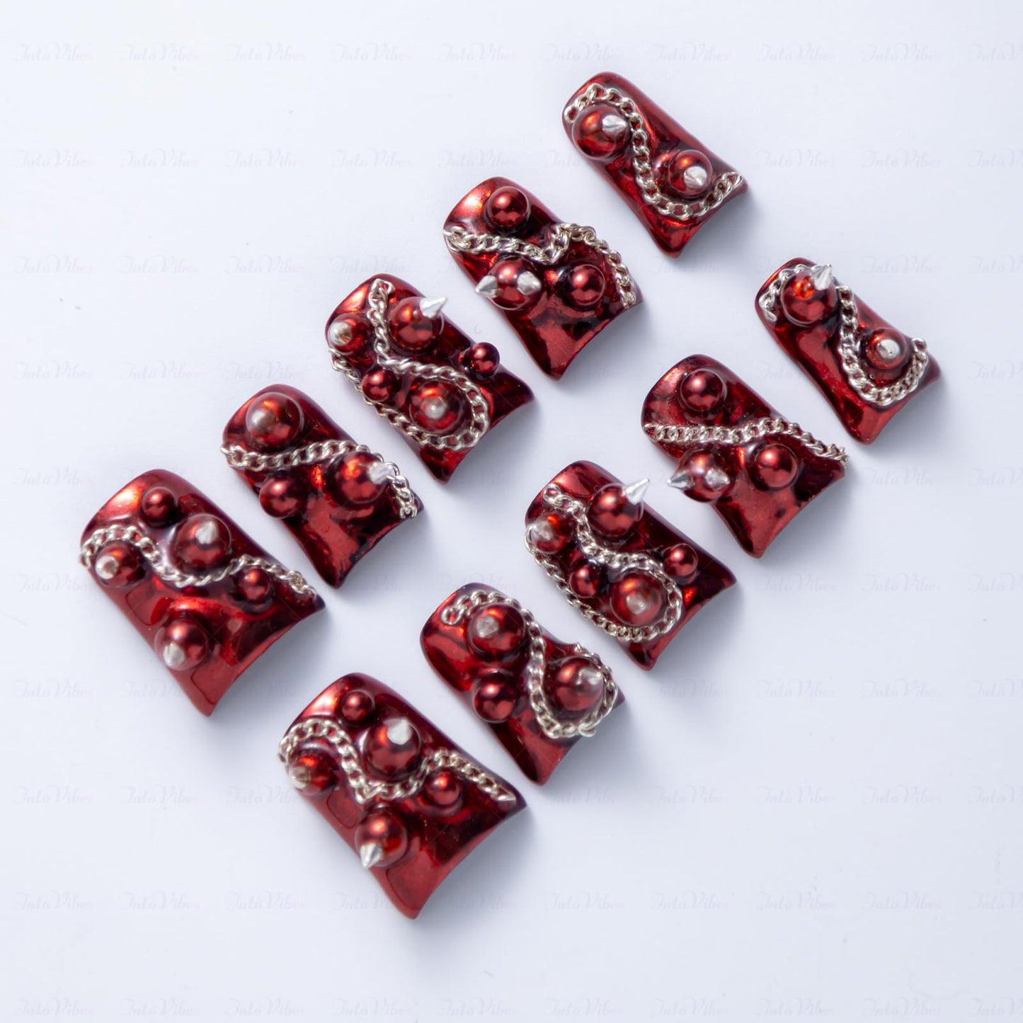 IntoVibes 10 Pieces Luxury Acrylic Press On Nails Short Handmade Duck Nails, Red Thickened False Nails, Punk-style Silver Rivets And Chains, Reusable Fake Nails, Acrylic Nails (L)