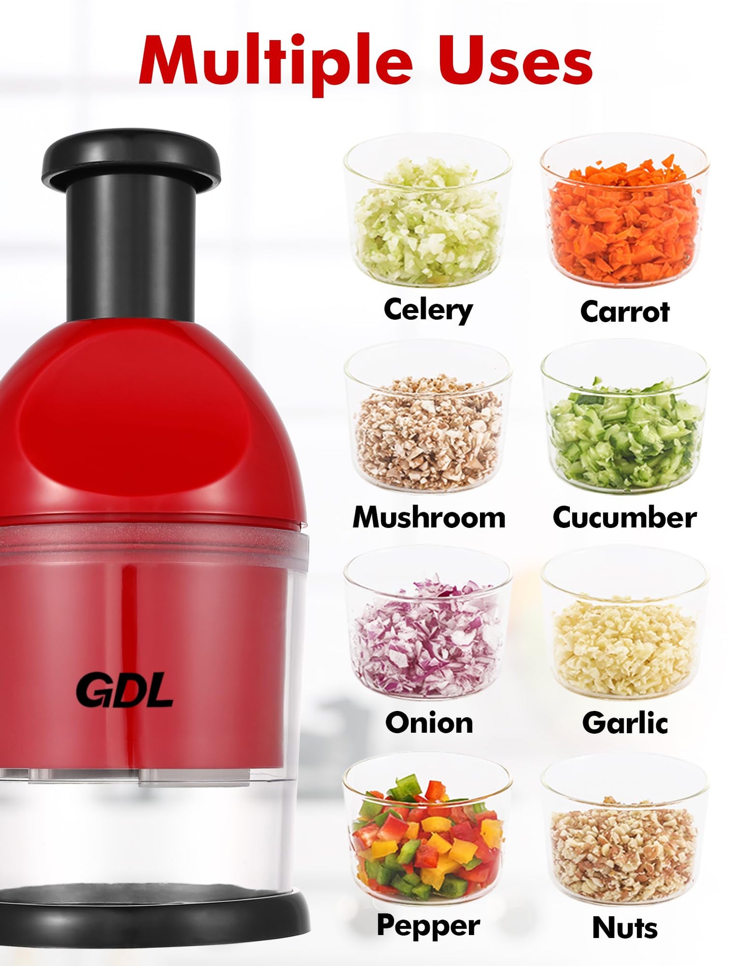 Food Chopper, Hand Chopper Dicer Easy to Clean, Manual Slap Vegetable Cutter Onion Dicer, Garlic Mincer for Onion, Nut, Tomato, Pepper, Celery, etc, Red