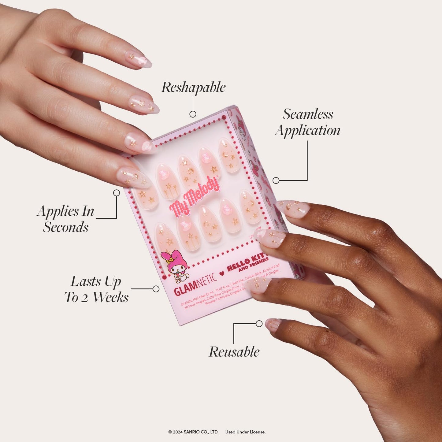 Glamnetic x Hello Kitty® and Friends Press On Nails - My Melody™ | Short Almond Gold Foil 3D Graphic Fake Nails in a Glossy Finish | 15 Sizes - 30 Nail Kit with Glue