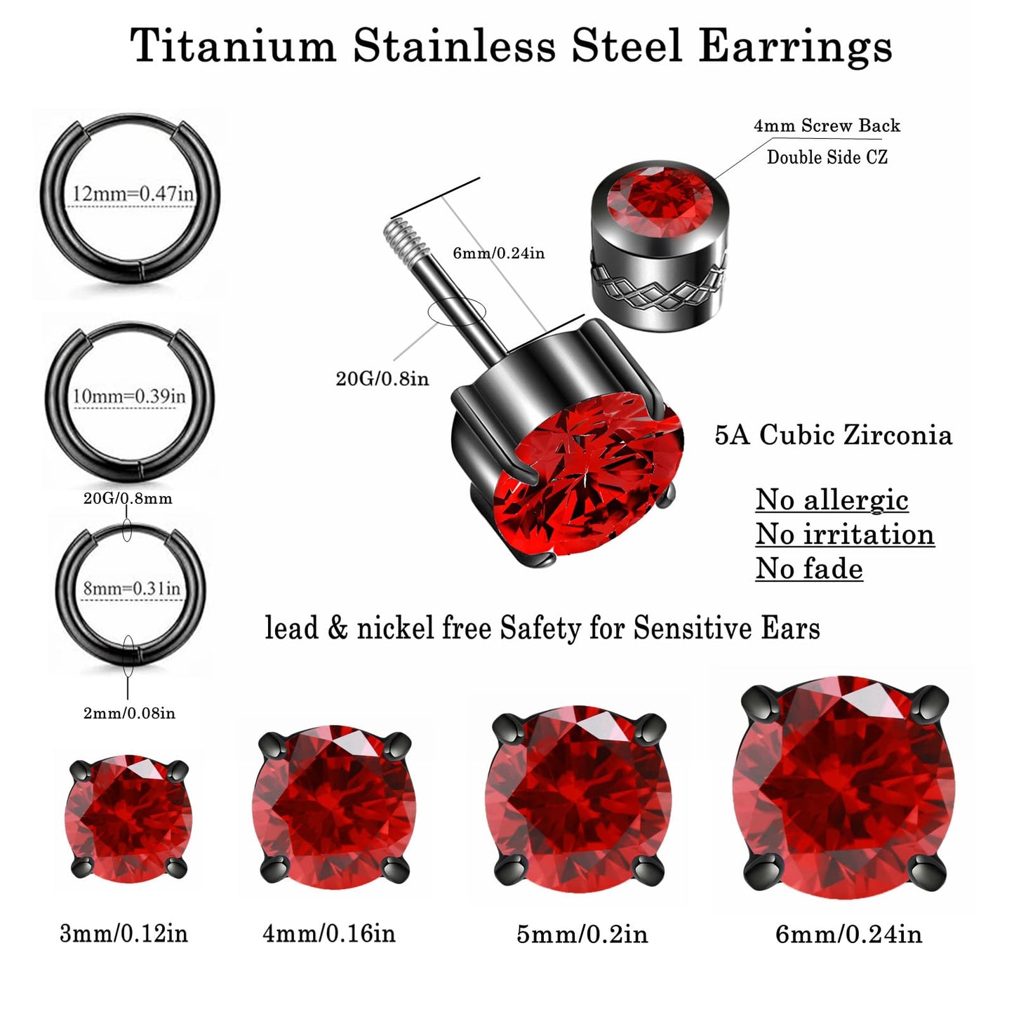 4 Pairs Titanium Hypoallergenic Stud Earrings 5A Cubic Zirconia Screw Back Earrings for Women Men Surgical Stainless Steel Double Side Flatback Earrings
