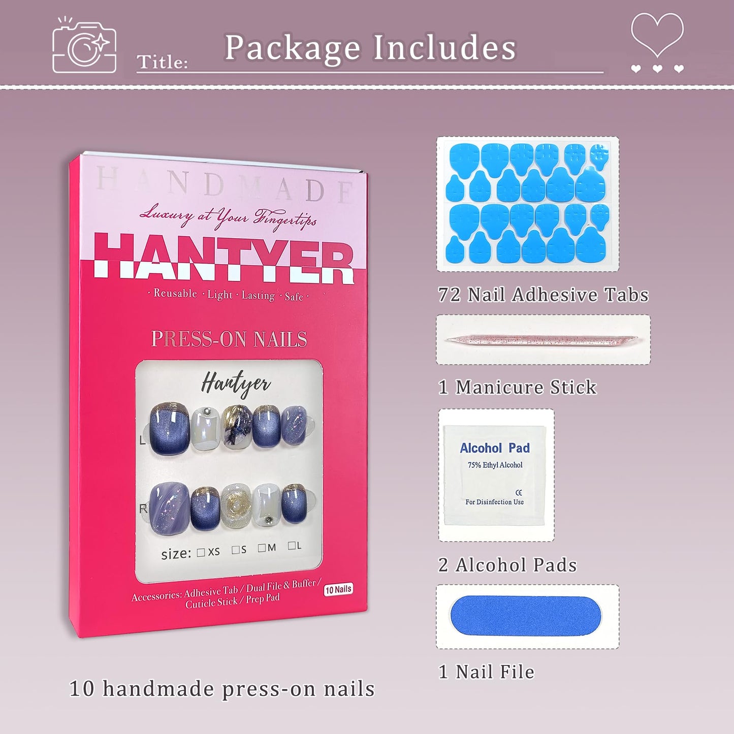 Hantyer 10pcs Press on Nails, Short Squoval Fake Nails, Blue Cat Eye Ombre with Golden Bling Edge, Glossy Finish Handmade Nails Sweet Style, Reusable for Party (Size M)