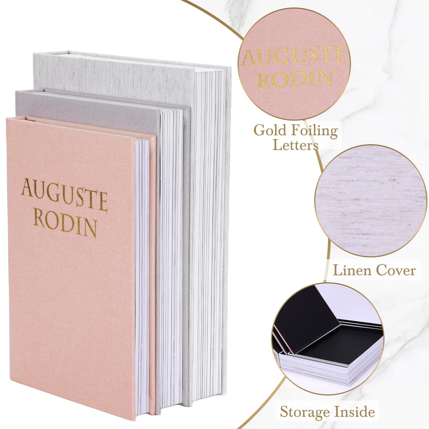 XKDOUS Set of 3 Linen Decorative Books with Gold Foil Cover Faux Book Storage Box for Coffee Table, Bathroom Shelf & Home Decor