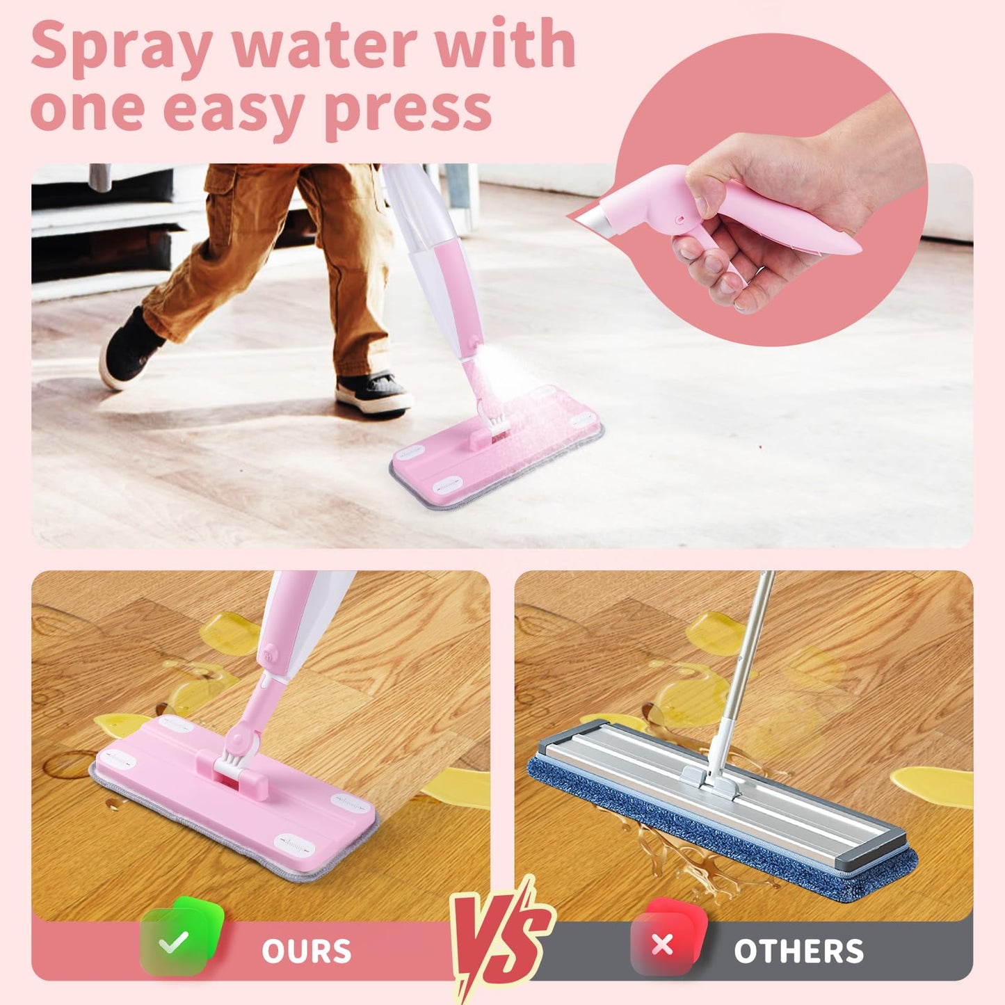 Lullulii Kids Spray Mop,Fun & Functional Toddler Cleaning Set,Real Working Mop for Floors,Pretend Play – Includes Spray Bottle, 2 Washable Microfiber Pads, Montessori Kids Cleaning Toy Set -Pink