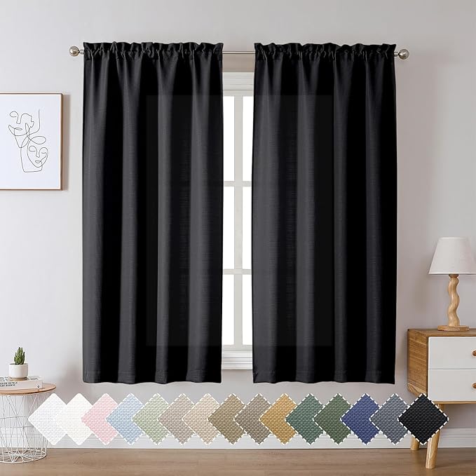 Chyhomenyc Black Curtains 63 Inch Length 2 Panels, Faux Linen Textured Semi Sheer Light Filtering Rod Pocket Soft Breathable Window Treatment Drapes for Living Room Bedroom, Each 40" Wx63 L