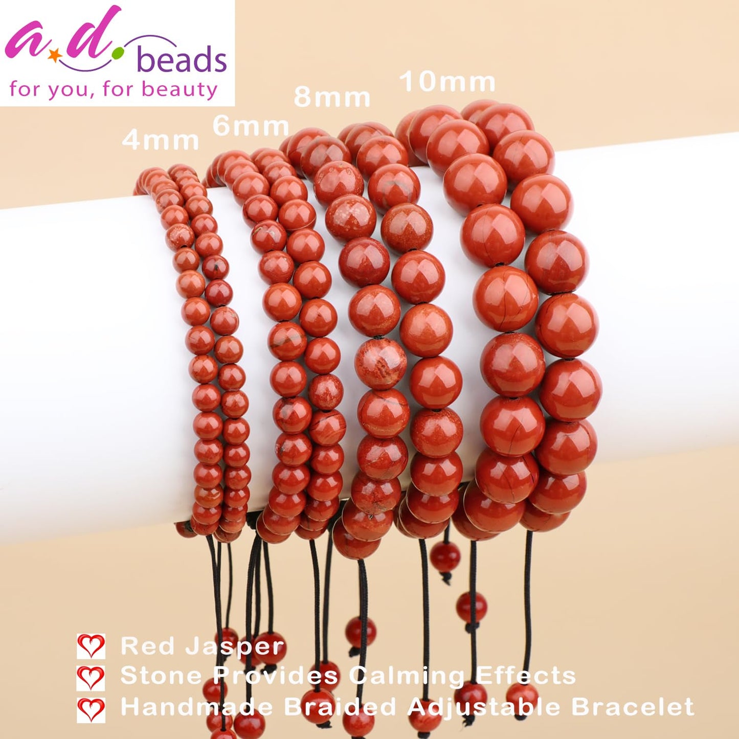 AD Beads 4mm Red Jasper - Stone Pepvodes Calming Effects - Handmade Natural Stone Crystal Bracelet with Adjustable Macrame String - Yoga Healing Power Energy Gifts for Men and Women
