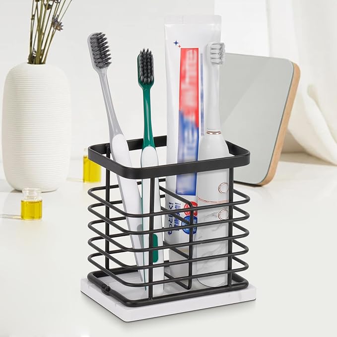 HarJue Toothbrush Holder, Luxurious Metal Toothbrush Toothpaste Holder with Marble Base for Bathroom, Multi-Slots Openwork Design, Bathroom Accessory for Storage and Organizer (Small, Matte Black)