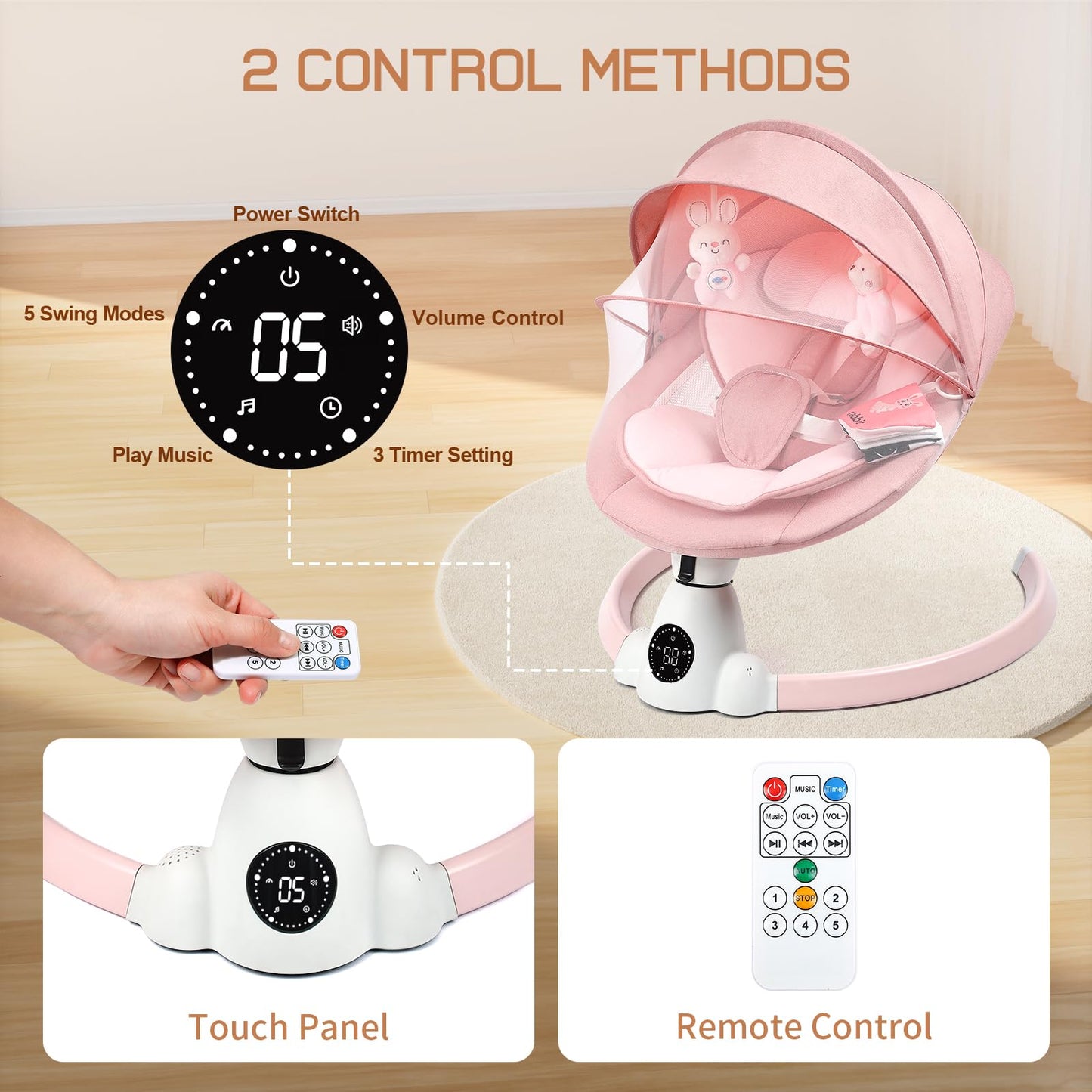 Uuoeebb Baby Swing for Infants, Portable Electric Baby Swings with Bluetooth, 5 Swing Speed, 10 Lullabies, 5-Point Harness, Remote Control & Touch Panel - Infant Swing for Indoor & Outdoor Use, Pink