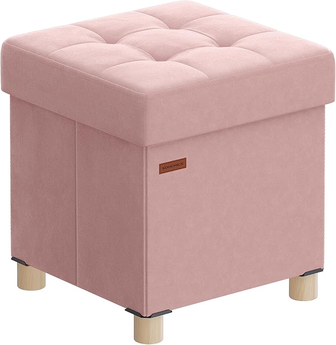 SONGMICS Small Storage Ottoman, Folding Ottoman Cube, 15 x 15 x 15.7 Inches, Footstool, Footrest, 9.8 Gal. (37 L), Velvet Surface, for Bedroom, Living Room, Dorm, Jelly Pink ULSF0516R01