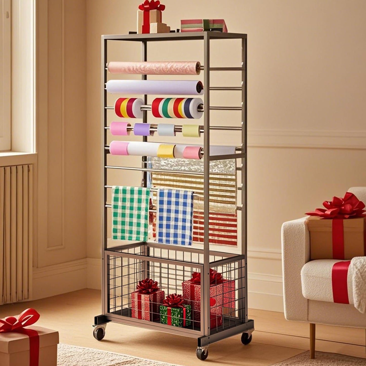 RCZSCBK 16 Tier Ribbon Holder Rack, Multifunctional Flower Wrapping Paper Rack,Double-Sided Ribbon Spool Shelf Suitable for Flower Shop, Craft Room, Cake Shop Ribbon Display Stand (Black)