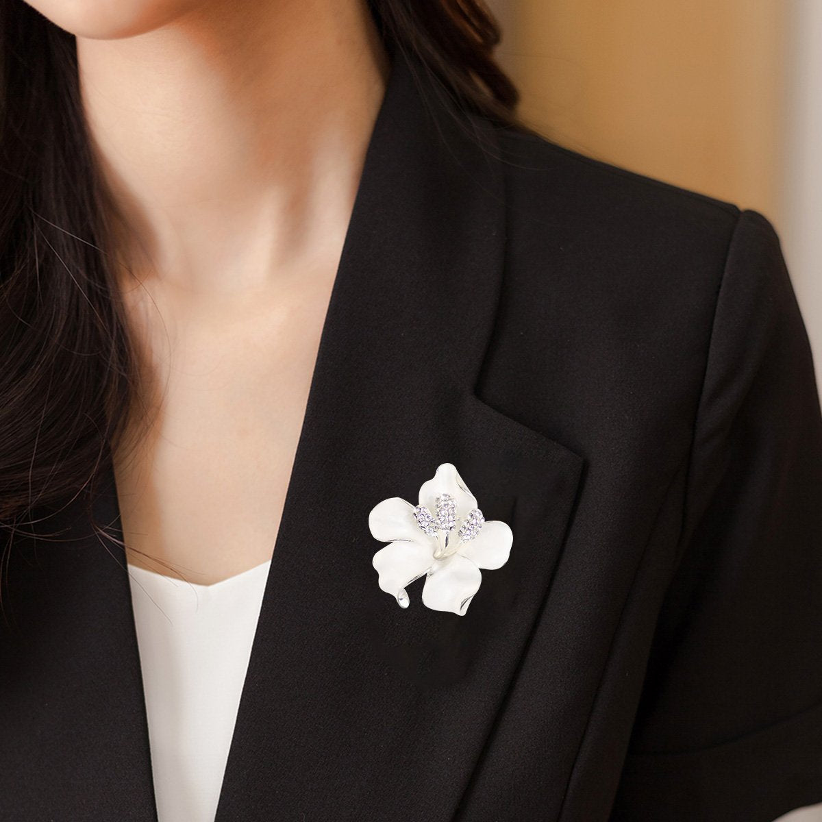 Merdia White Floral Brooch Pin for Women, Classy Flower Brooch with Created Crystal, 29.8g