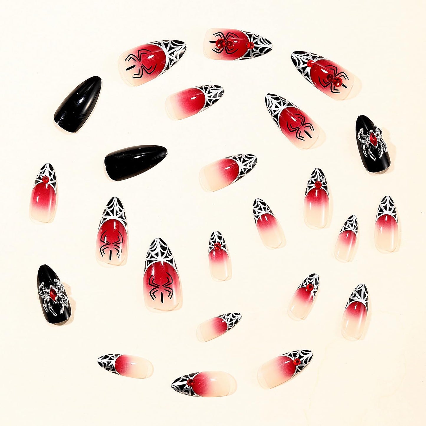 MISUD Press on Nails - Medium Stiletto Glue on Nails with Goth Red Black, Acrylic Gothic Spider Design 24 pcs