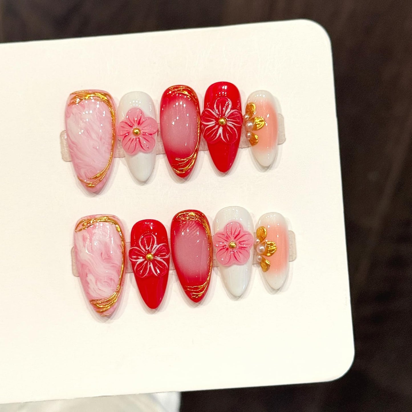 10Pcs Spring Handmade Press On Nails Medium Almond Fake Nails with 3D Flower Gold Foil Design Glossy Acrylic False Nails Reusable Full Cover Nails Press ons Holiday Stick on Nail for Women (S)