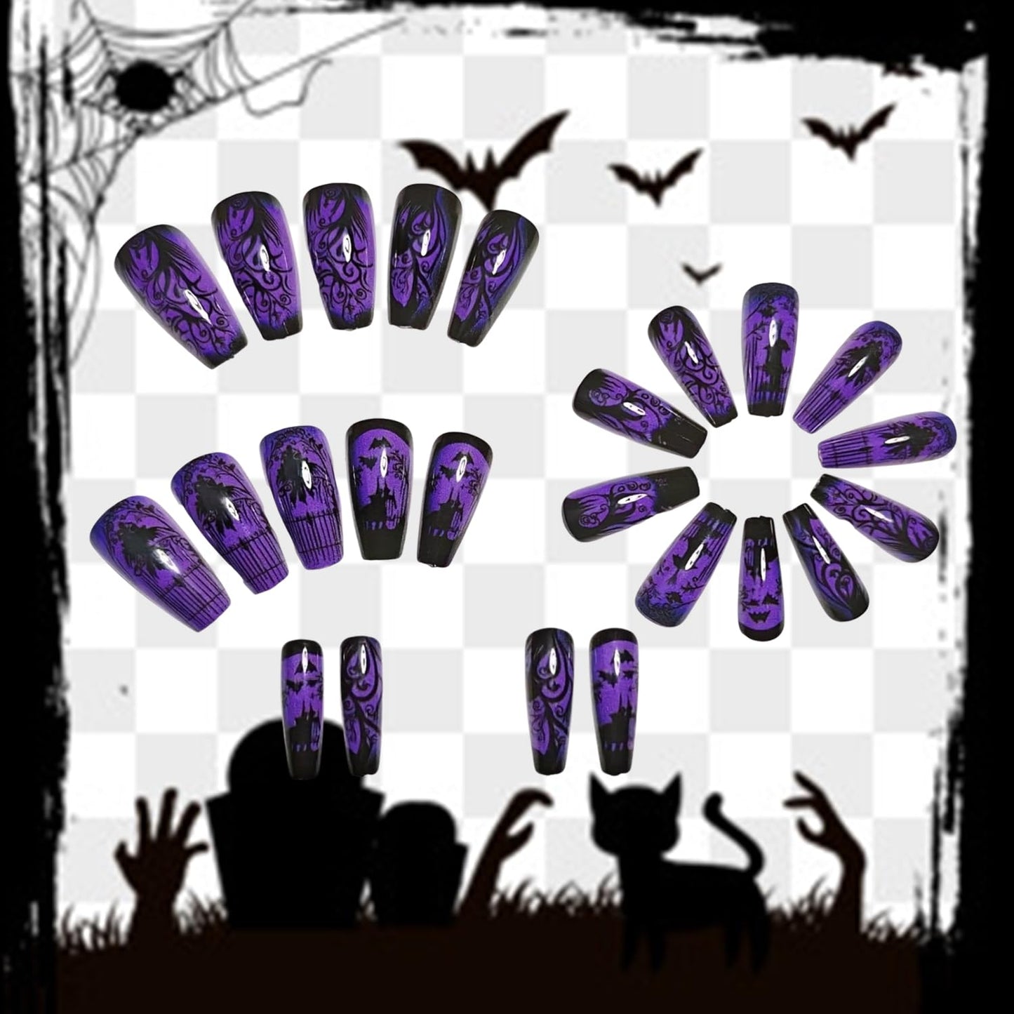 Purple Halloween Press on Nails Medium Ballet Shaped Bat False Nails Full Cover Artificial Acrylic Fingernails Jungle Castle Design Halloween Nail Glossy Festivla Glue on Nails for Women Supplies