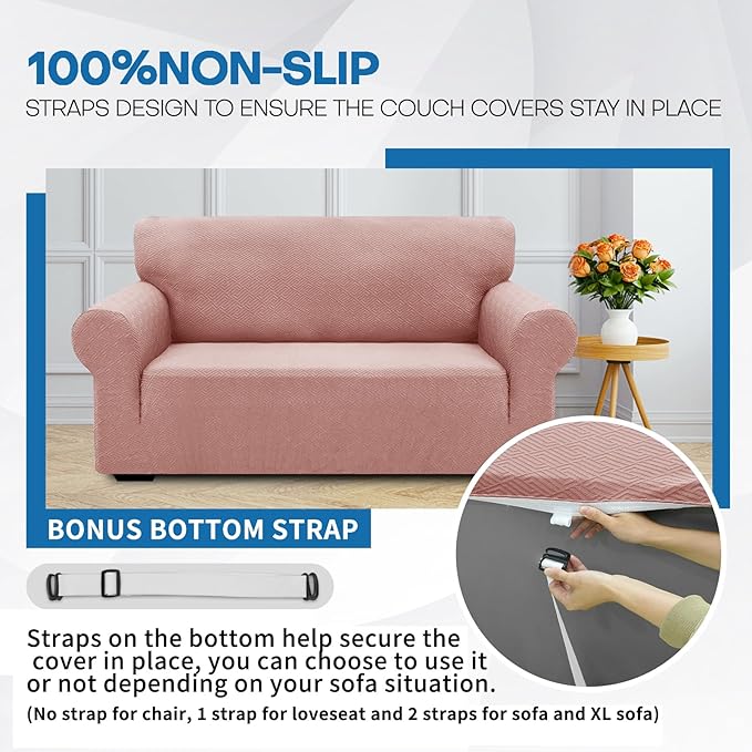 XINEAGE New 1 Piece Couch Covers for 2 Cushion (55"-69") Stretch Loveseat Sofa Cover Slipcover Jacquard Universal Furniture Protector with Elastic Bottom for Kids,Dog (Loveseat, Dusty Pink)