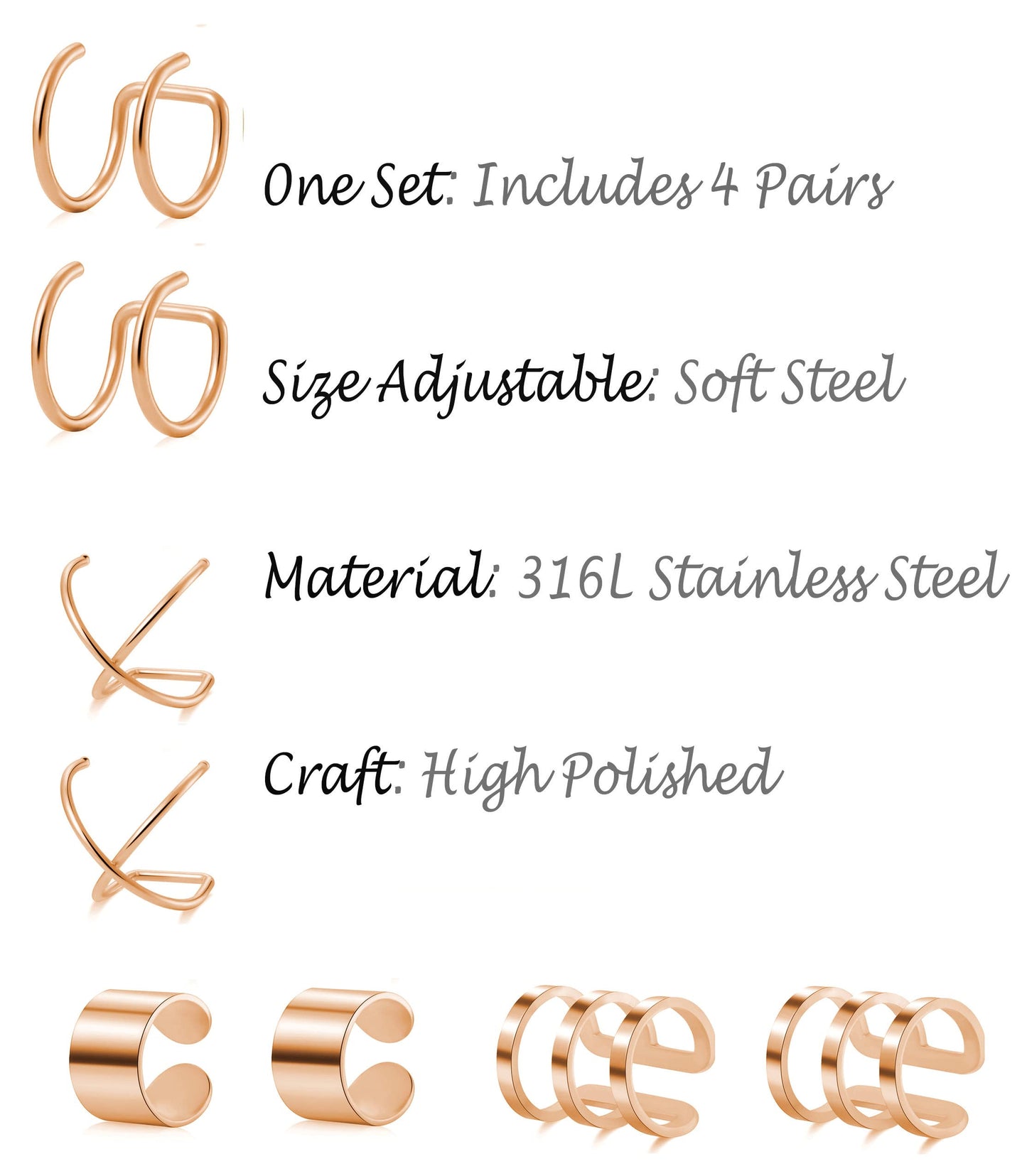 Tornito 4-10 Pairs Stainless Steel Ear Cuff Helix Cartilage Clip On Wrap Earrings Fake Nose Ring Non-Piercing Adjustable (A5: 4 Pairs, Rose Gold Tone)