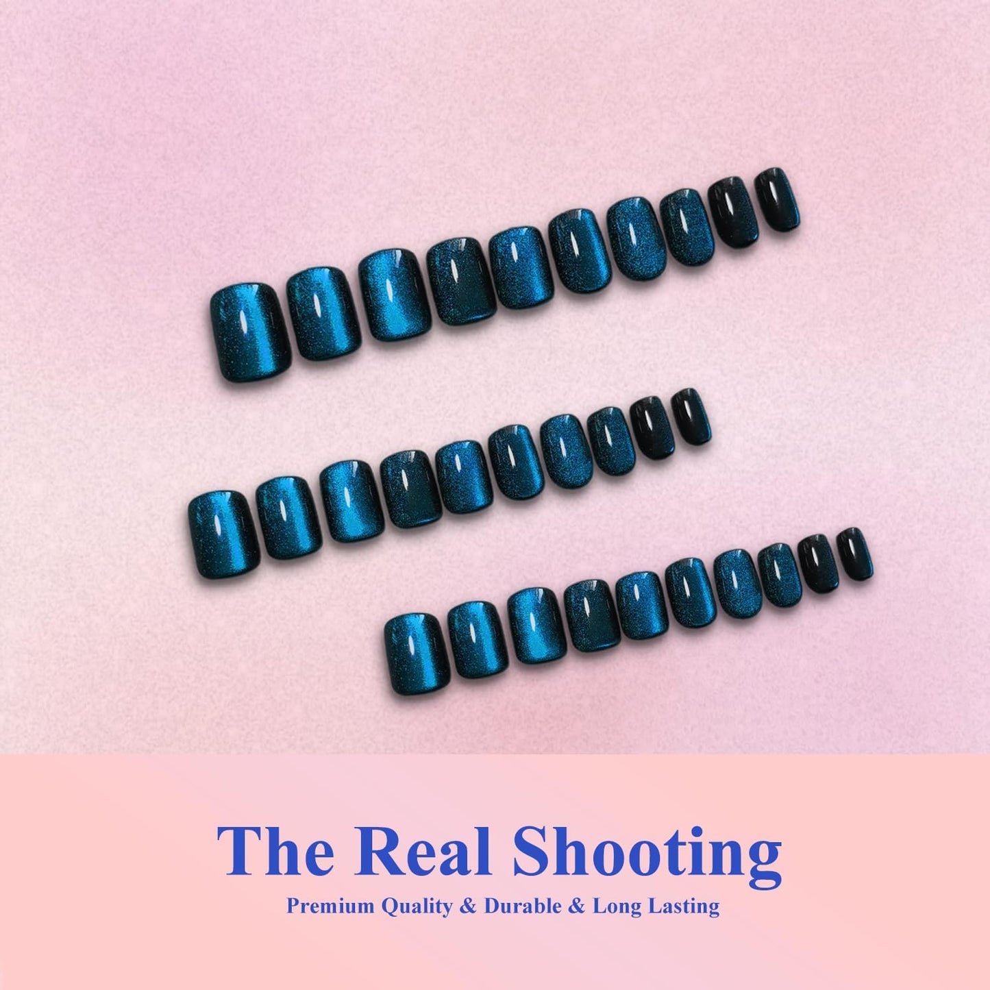 KQueenest Cat Eye Press On Nails Short - Dark Ocean Blue Press On Nails Square, 30 Pcs 15 Sizes Glitter Black Fake Nails Press ons, Thick Quality, Reusable Small Glue on Nail for Women Goth Party