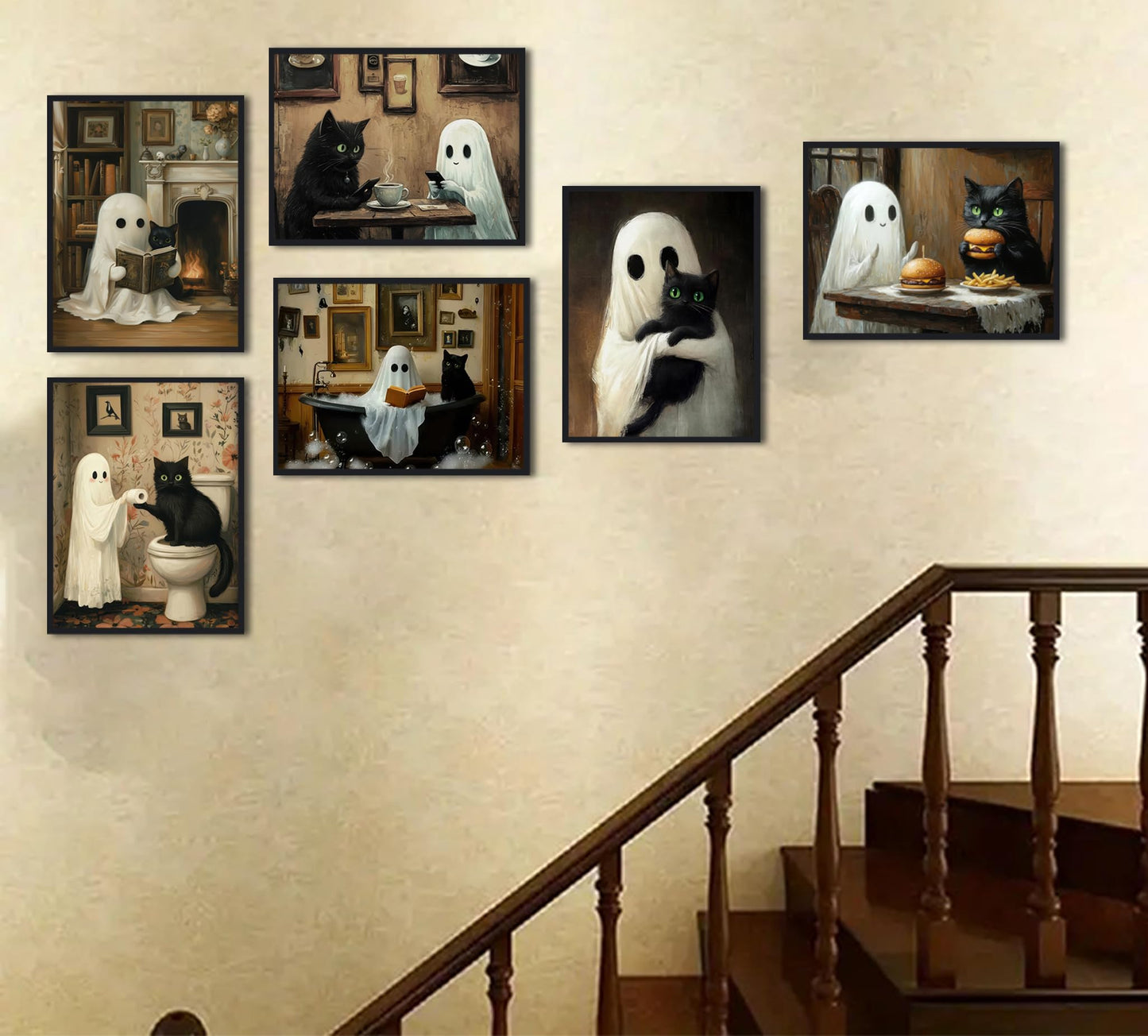 6Pcs Halloween Ghosts Wall Art Ghost Black Cat Funny Gothic Wall Decor Pictures Retro Horror Creepy Dark Academia Poster Prints for Bedroom Gallery Bar Home Decoration 8x10in Unframed