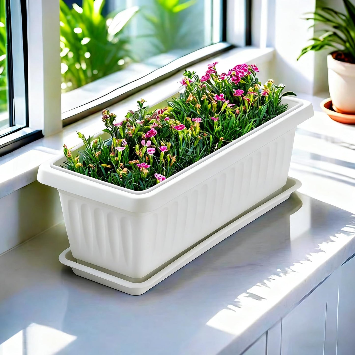 OUMUHE 19 Inch Rectangular Plastic Planters with Drainage and Matching Trays, Set of 2, Window Box Flower Pots for Indoor Outdoor Use (White)