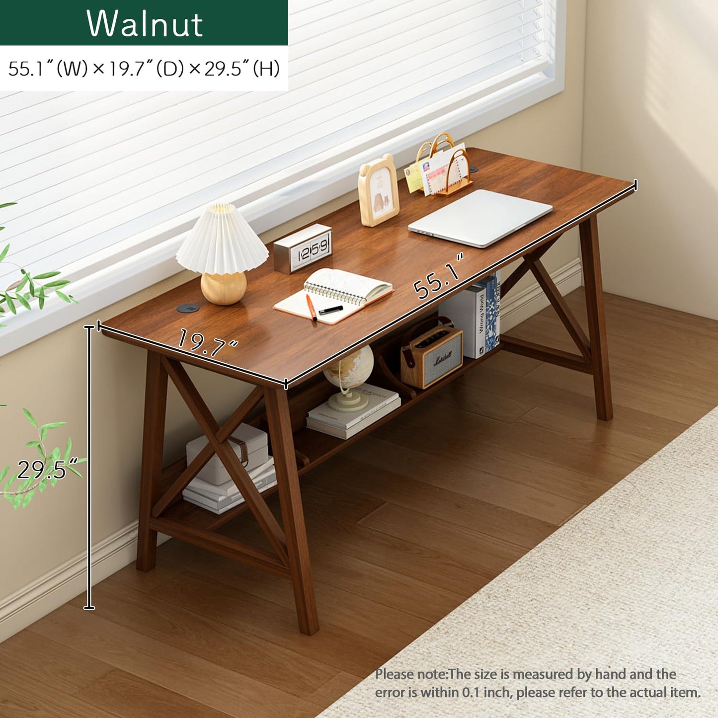 NELYE Extra Long Desk with Bookshelf - Wooden Home Office Work Study Table, Writing Computer Workstation with Storage Shelf in Walnut, 55" Wx20 Dx30 H