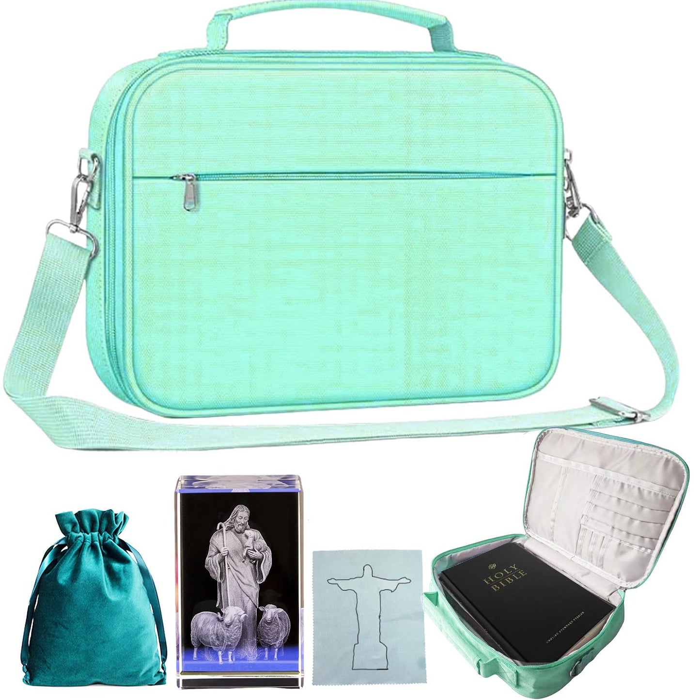 Yidab Bible Cover,Book Protection Handbag Carrying Case Church Bag,Shoulder Strap Zipper Pocket Pen Holder with 3D Engraved Crystal About Religious Classic Scenes