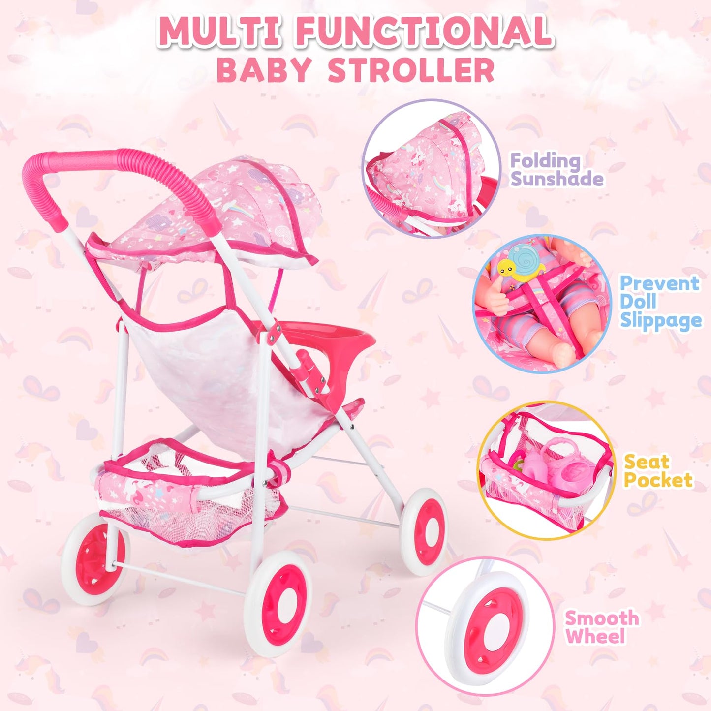 deAO Baby Doll Stroller 12" Baby Doll Set with Foldable Stroller 15 PCS Accessories for Toddlers 3-5 Christmas Birthday Gifts