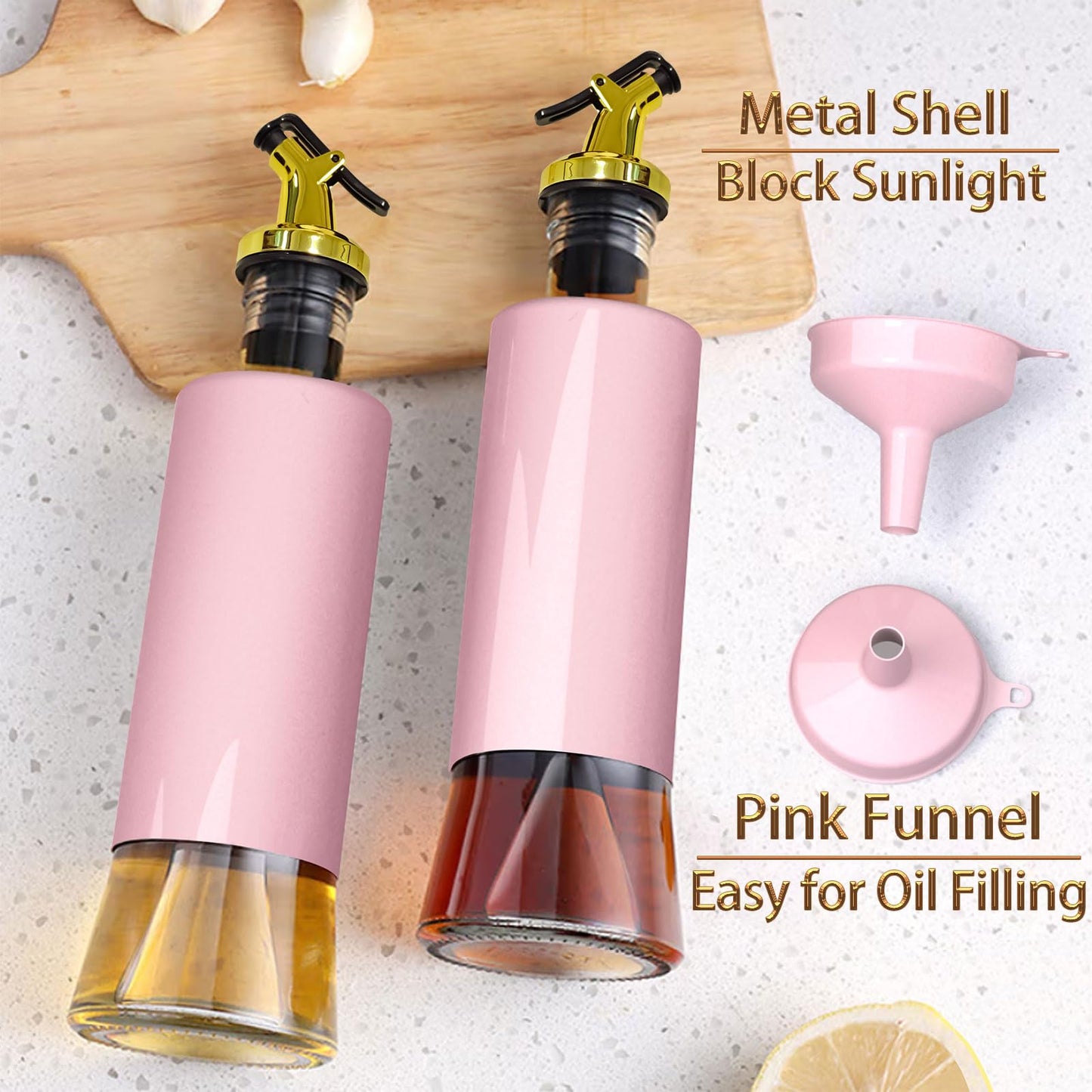 Miao’er Olive Oil Dispenser Bottle for Kitchen Set of 2, Golden Non-Drip & Leakproof Spout, One-handed Hold, With Pink Funnel for Easy Filling, 10OZ/300ML(PINK)