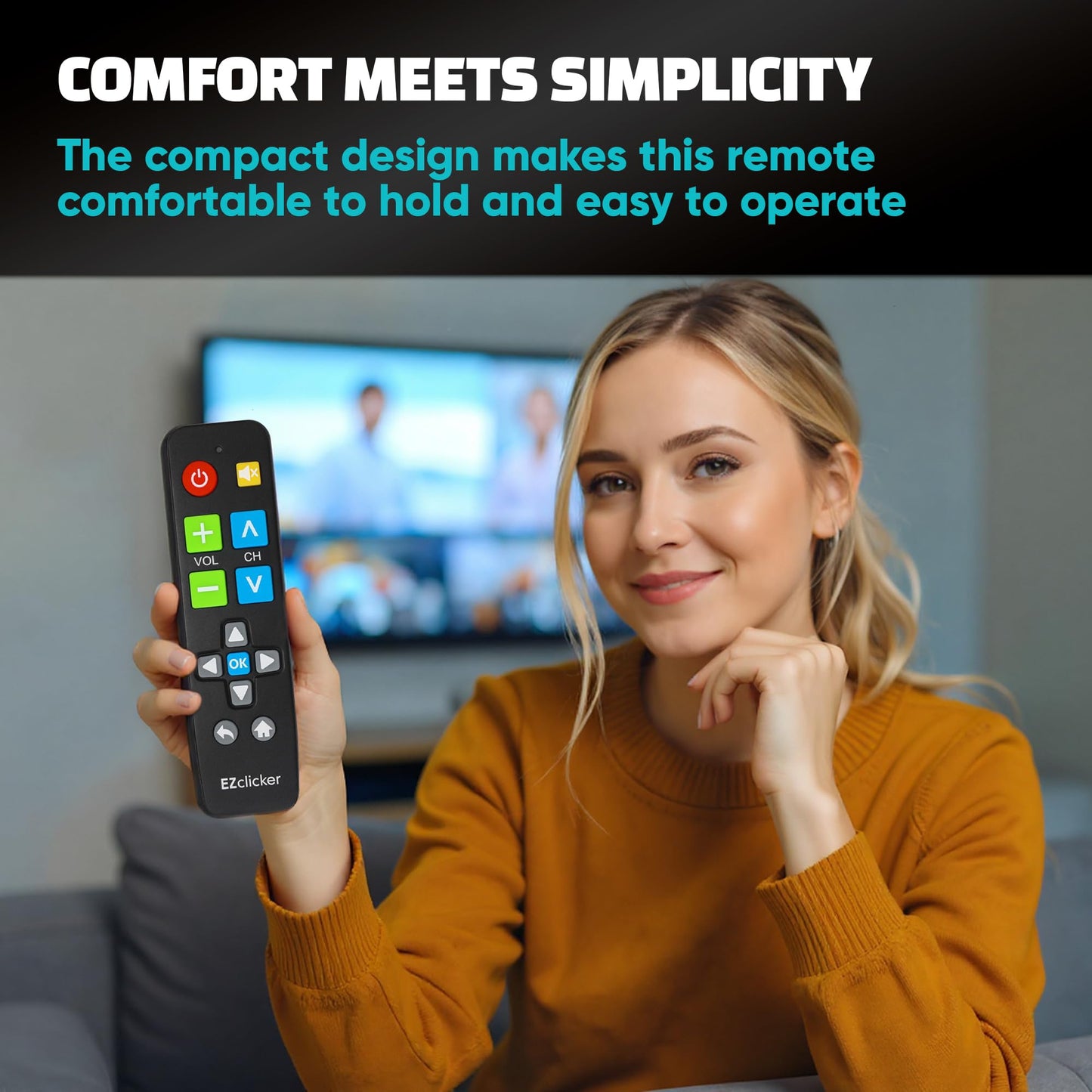 EZclicker Big Button Universal TV Remote (Black) Simple Easy to Use, Great for Seniors, Works with Major TV Brands (2xAAA Batteries Not Included)