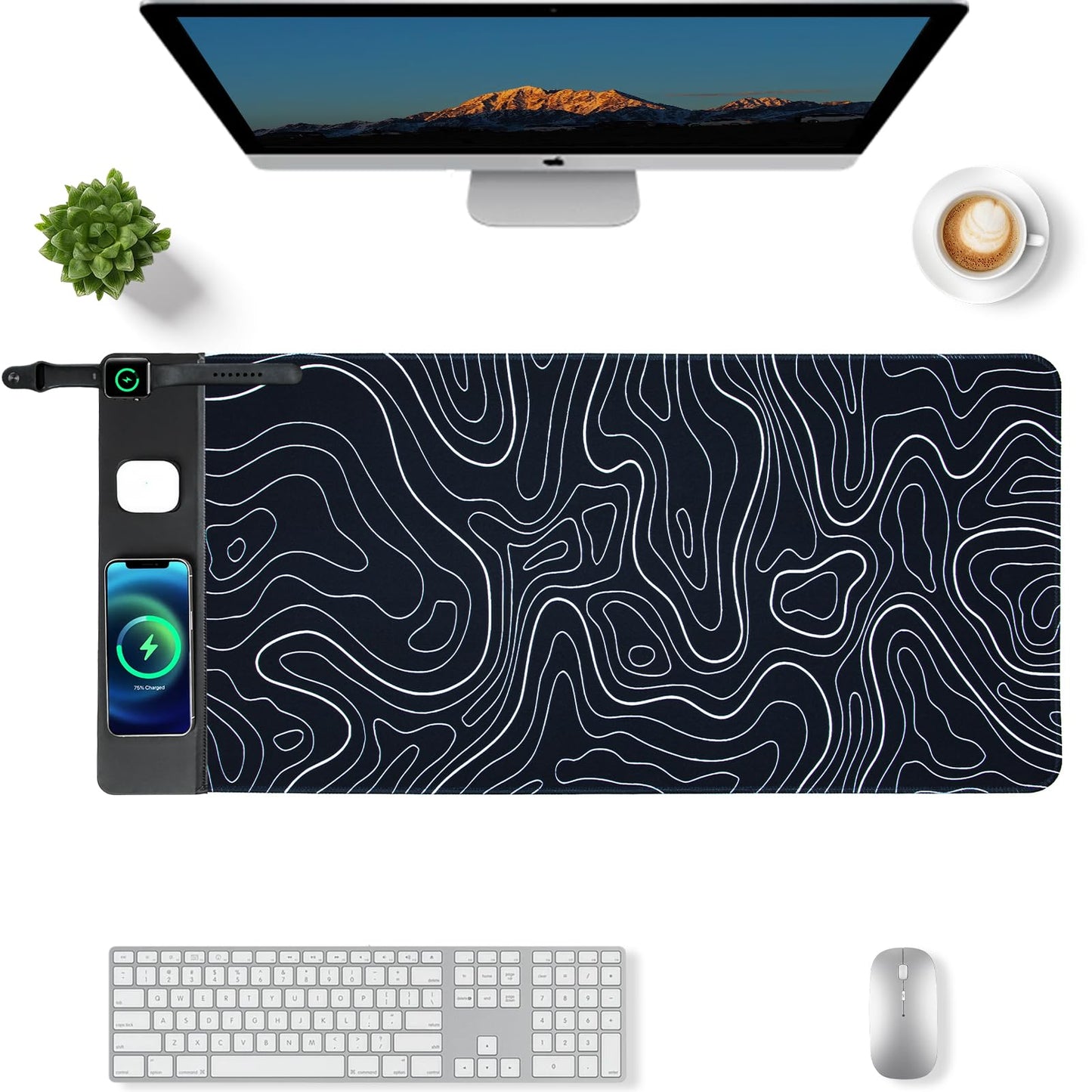 VOVIPO 3 in 1 Wireless Charging Mouse Pad, Gift for Dad/Office Manager,Wireless Charger Compitable with iPhone/Watch/airpods. Wireless Charging Desk Mat 90 x 40cm,Black Topographic Computer Desk Pad