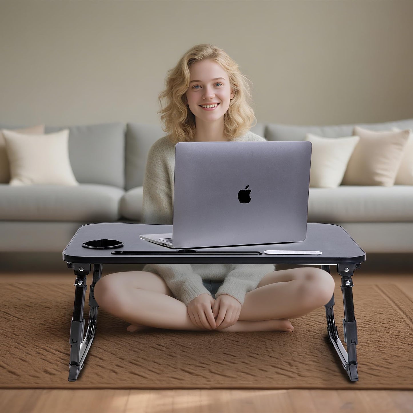 BYMECOST Laptop Desk for Bed, Height Adjustable Laptop Bed Table, Foldable Portable Lap Desk Stand with USB/Storage Drawer/Cup Holder/Slot, Breakfast Tray for Working Reading Writing Eating