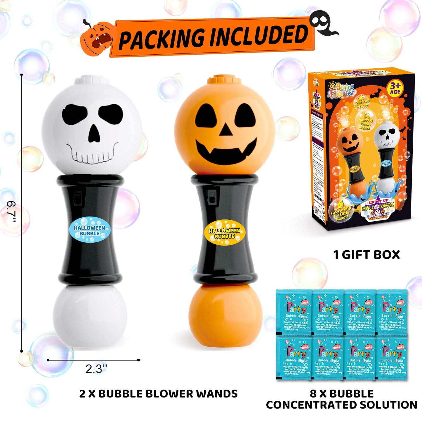SpringFlower Halloween Toy,Bubble Blower Wand,6.7 Inch Illuminating Bubble Maker with LED Light-Up Effect for Kids,Halloween Bubble Party Favor,Pumpkin & Skull Design, 2 Pack