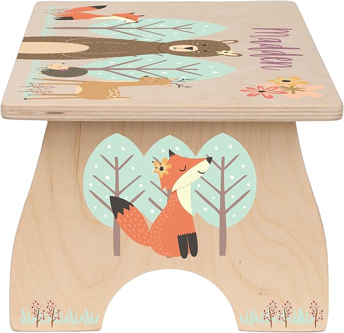 Step Stool for Toddlers- Personalized Wood Kids Step Stool with Name for Kitchen Sink, Bathroom, Potty Training, Toilet, Kitchen Sink- Sturdy and Safe- Made in USA by BloomOwl (Woodland- Girl)