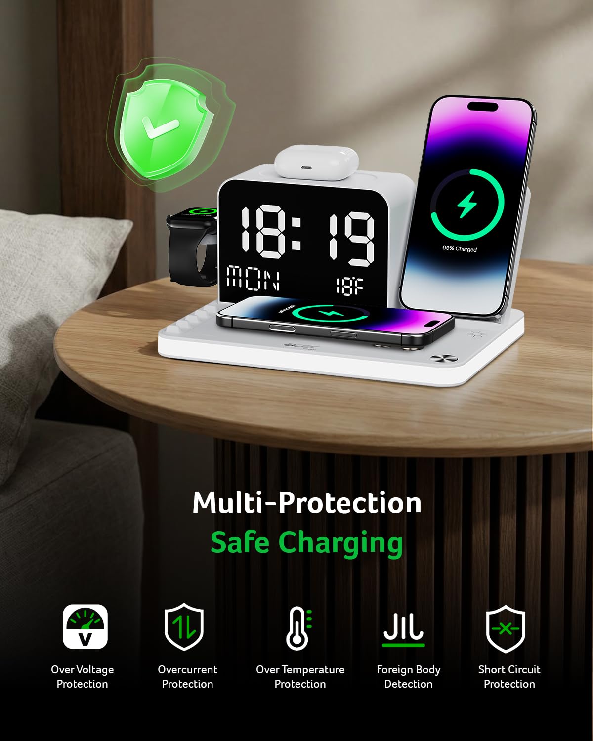 Acer 7-in-1 Wireless Charging Station with LED Clock - 30W Fast Wireless Charger for iPhone 16/15/14/13/12/Pro Max, Apple Watch, AirPods - Bluetooth Auto Time Sync & Night Lights (White)