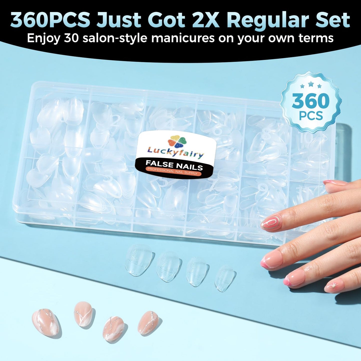 Luckyfairy Extra Short Almond Nail Tips, 360pcs Soft Gel Pre-Shaped Acrylic XS Fake Nails, Half Matte Full Cover Clear Press on Flase Nail Tips for Extension Manicure Home DIY 12 Sizes Gelly Tips