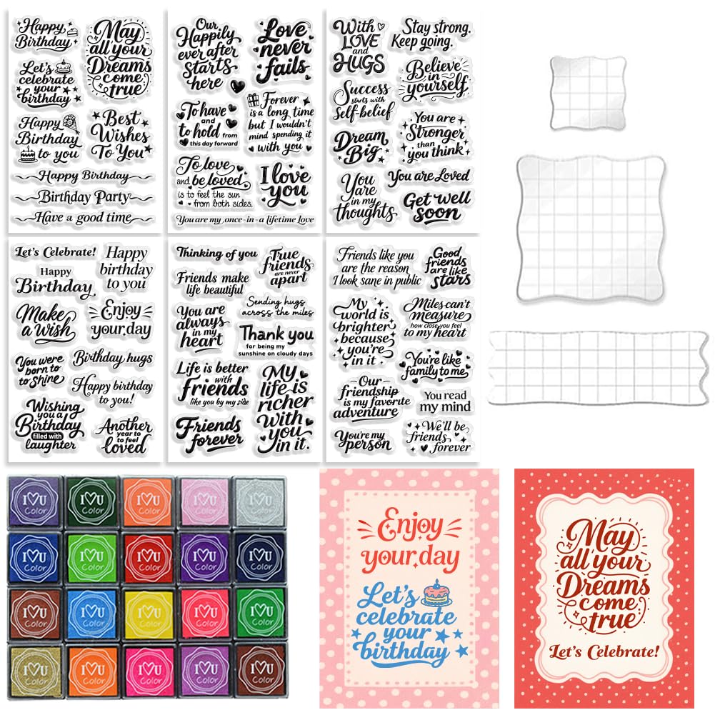 GLASSWINDS 6 Pcs Greeting Words Clear Stamps for Card Making Supplies 20 Ink Pad 3 Acrylic Stamp Block Silicone Stamp with Holiday Bless Happy Birthday Stamps for Crafting DIY Scrapbooking Journal