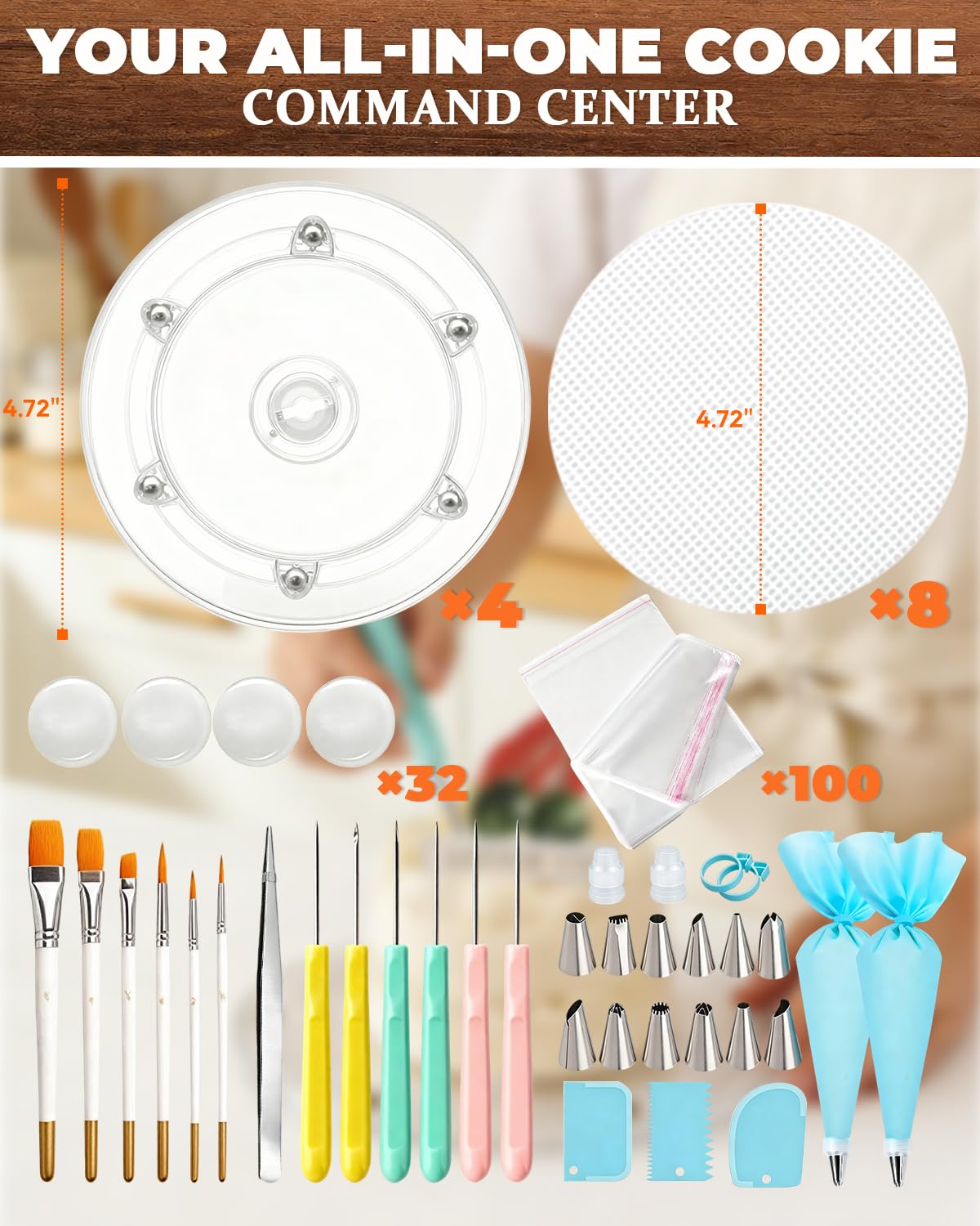 Ultimate Cookie Decorating Supplies Kit in Gift Box | 4 Turntables, 8 Mesh Mats, 32 Tips & 100 Bags | Professional Sugar Cookie Decorating Set with Tools for Beginners & Experts