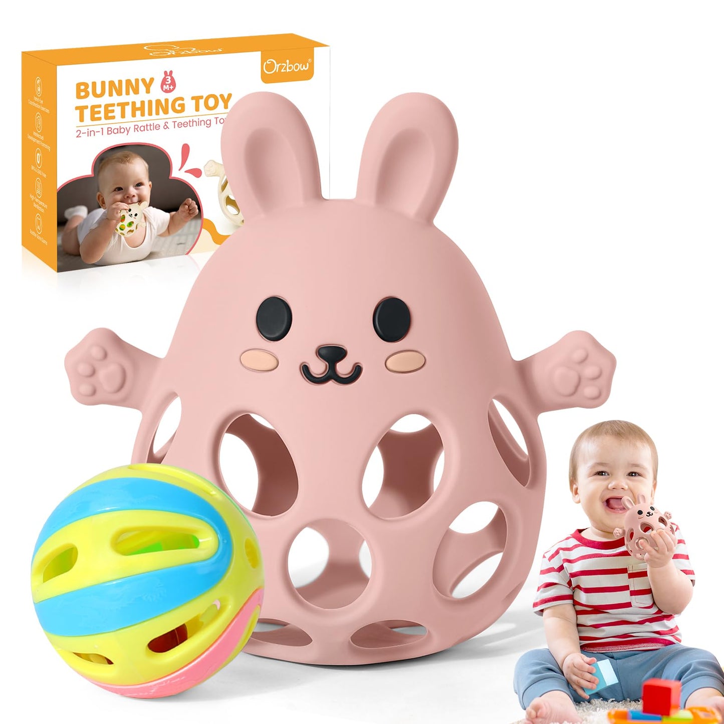 Orzbow Bunny Teether for Baby, Easter Teether with 2 in 1 Rattle & Teething, Easy Grasp Teething Mittens for Babies 3-12 Months, Food Grade Silicone, Newborn Infant Easter Basket Stuffers Gifts, Pink