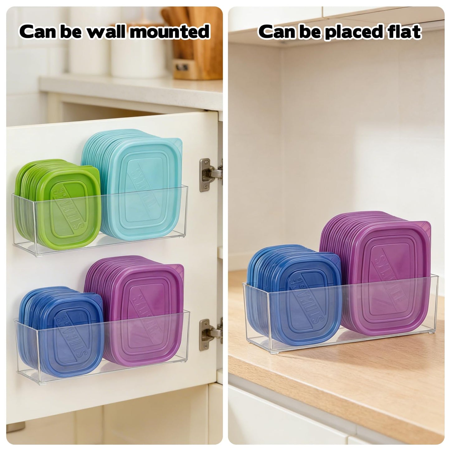 Rainmae 2 Pack Kitchen Cabinet Door Organizer, Lid Organizer Inside Cabinet Wall Mounted Plastic Storage Box Stackable Under Sink Lunchbox Lid Container for Kitchen Bathroom Office Organization