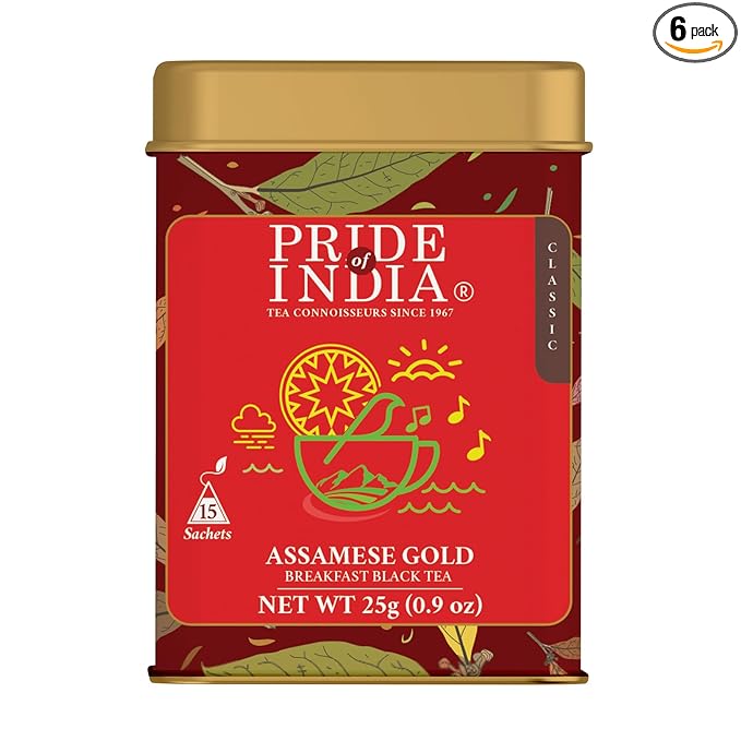 Pride of India | PACK of 6 - Assamese Gold English Breakfast Blend | 15 Premium Pyramid Full Leaf Individually Wrapped Tea Bags | Full-Bodied, Strong & Malty Flavor | Single Estate Classic Tea