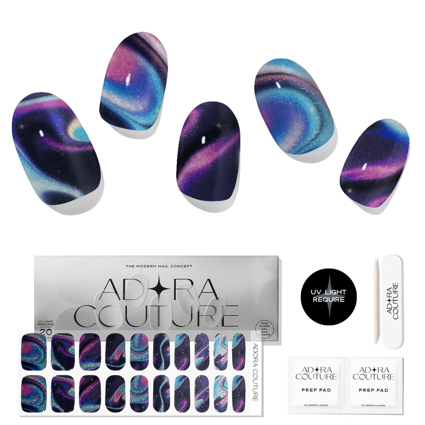 Adora Couture Semi Cured Gel Nail Strips with 20 Pieces - UV Gel Stickers, Manicure Kit, Easy Application Wraps Includes Prep Pads, Nail File, Wooden Stick - UV Light Required (Lost in Space)