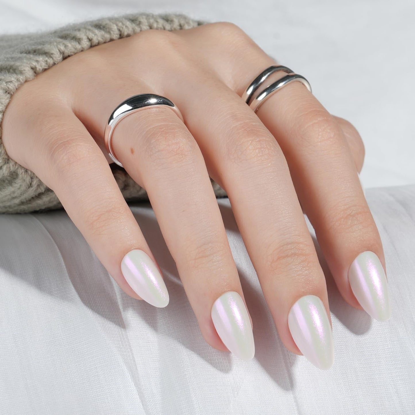 White Press On Nails Almond - White Almond Fake Nails, Short Press On Nails Chrome Reusable Stick On Nails in 16 Sizes, 32pcs False Nail Kit for Women & Girls(Pearl Whisper)