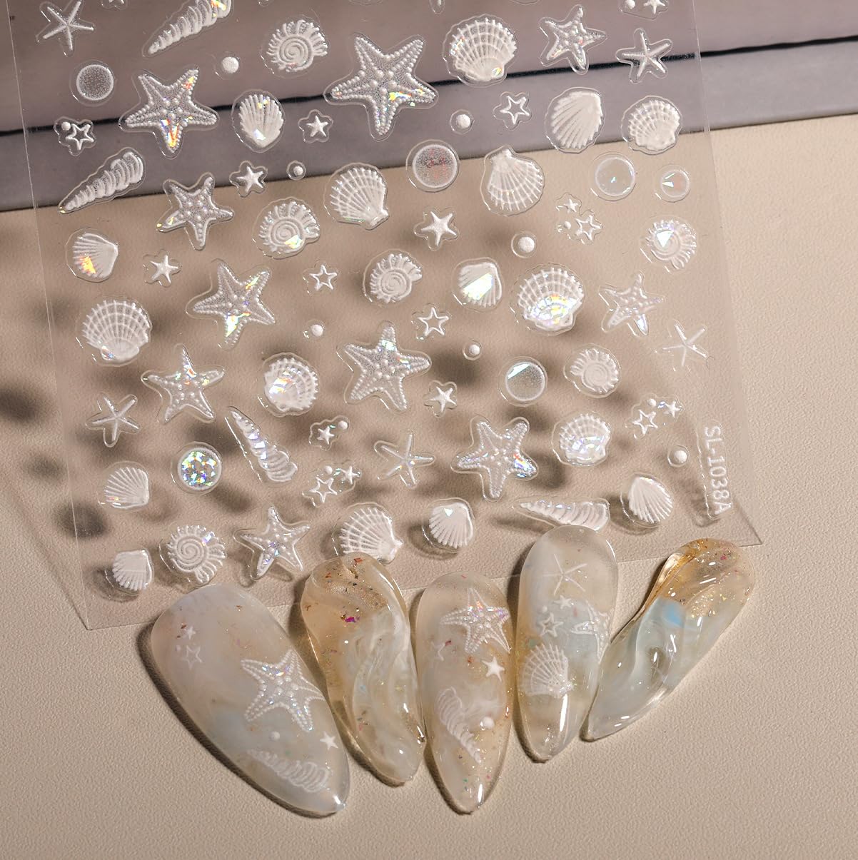 SIMAYKUWA Summer Ocean Style 5D Embossed Dream Shell Starfish Jellyfish Beach Nail Stickers - DIY Nail Art Decorations for Summer Vacation A Set of 3 Sheets