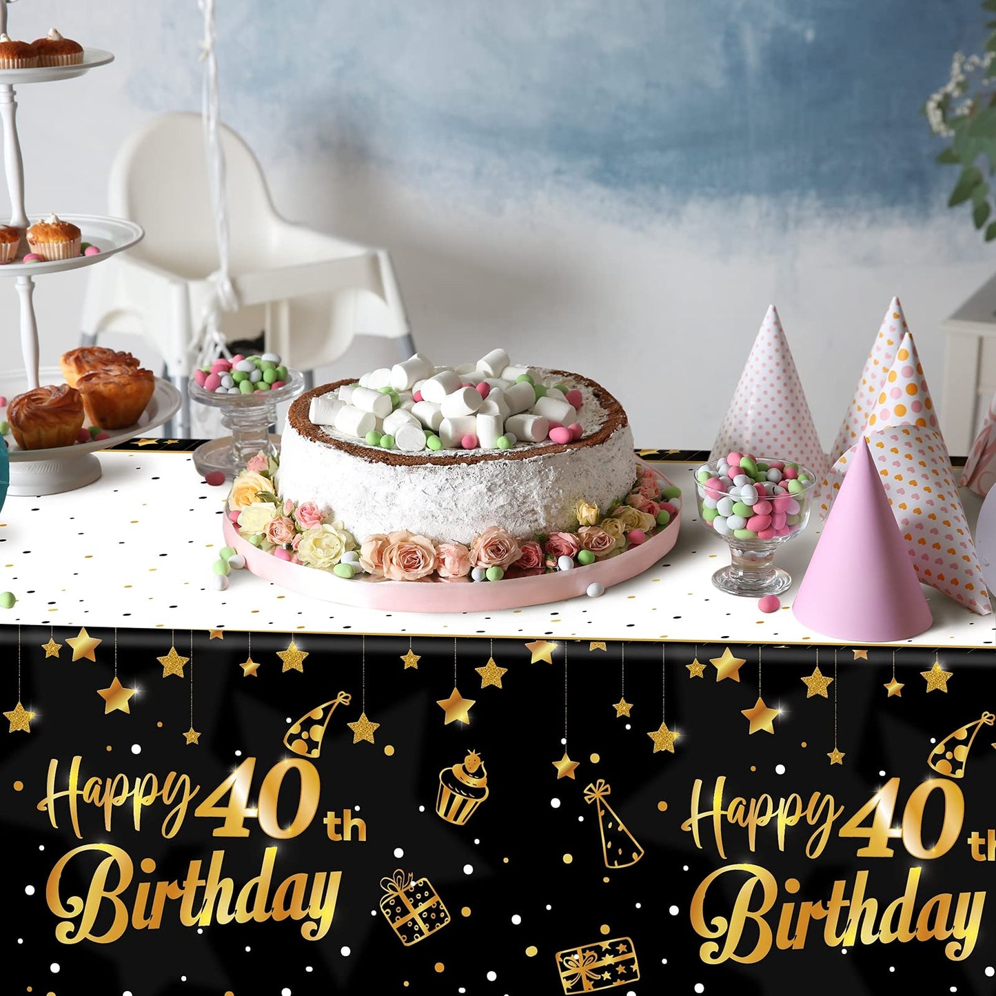 Ruisita 2 Pack Black Gold Table Cloth Cover Happy 40th Birthday Tablecloth Party Tablecloths Rectangular Table Cloth Cover for Indoor or Outdoor Parties Birthdays