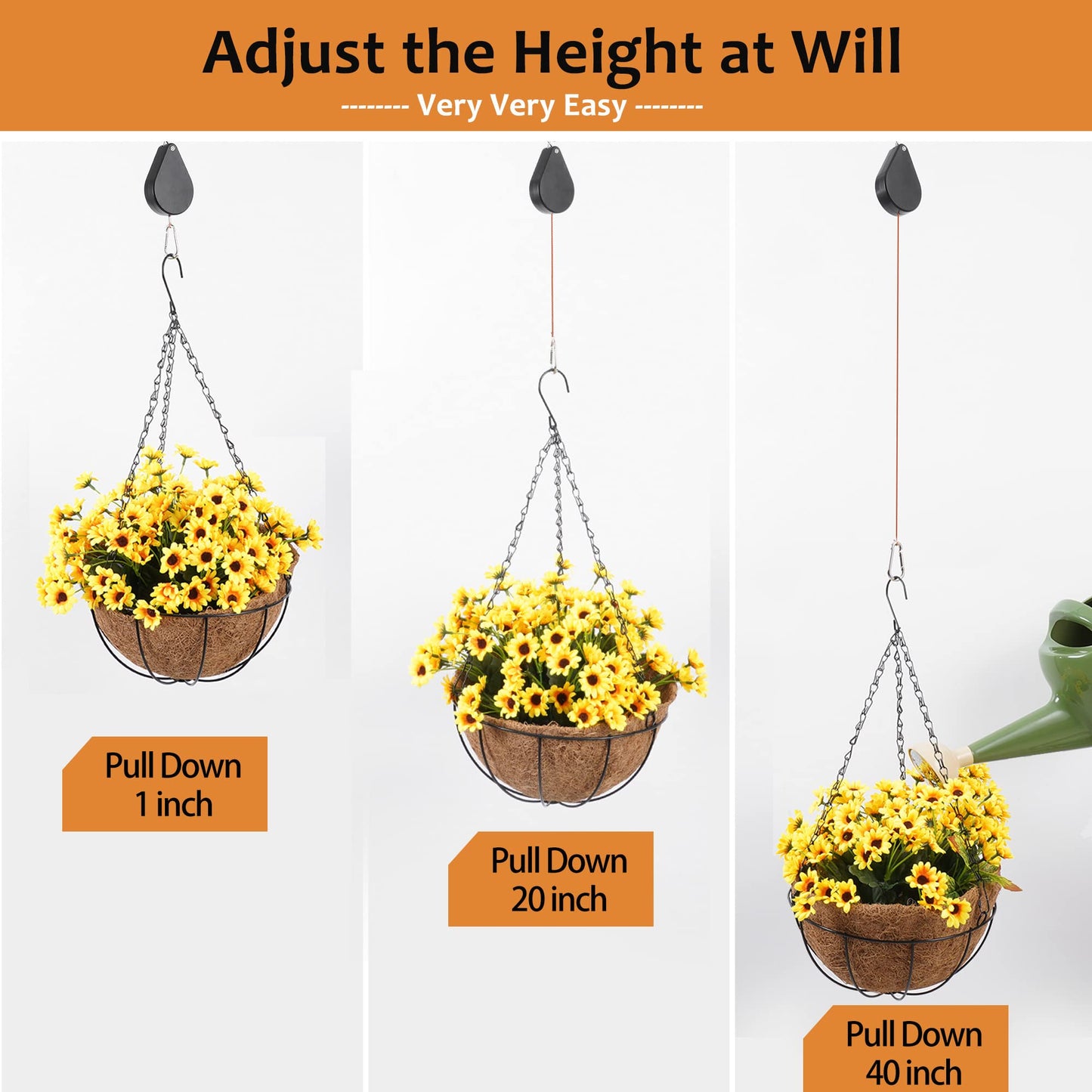 WROSWT Upgraded Retractable Plant Hanger,Plant Pulleys for Hanging Plants,Easy to Raise and Lower,Auto Lock,Heavy Duty, Adjustable Hook for Garden Baskets Pots,Birds Feeder,(3Pcs,Black)