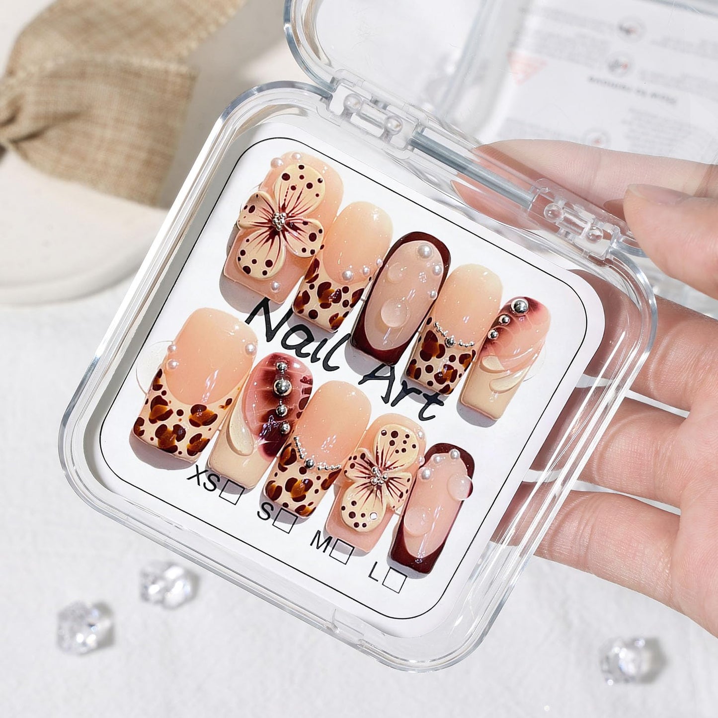 Vokupoga Medium Press on Nails Square Handmade Fake Nails French Tip False Nails with 3D Flower Pearl Designs Glossy Acrylic Nails for Women 10Pcs(Size M)