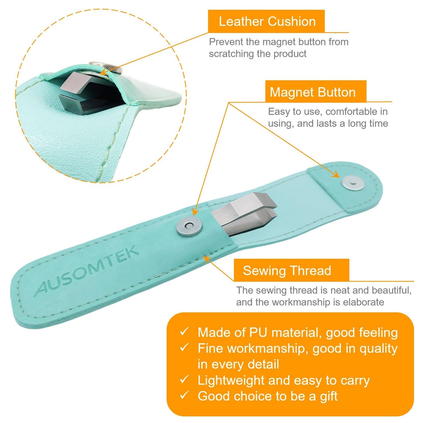 AUSOMTEK Beard & Hair Plucking Tweezers, Fine Eyebrow Tool, Stainless Steel, 10mm Tip, Anti-Slip Slot Design, Cyan PU Case