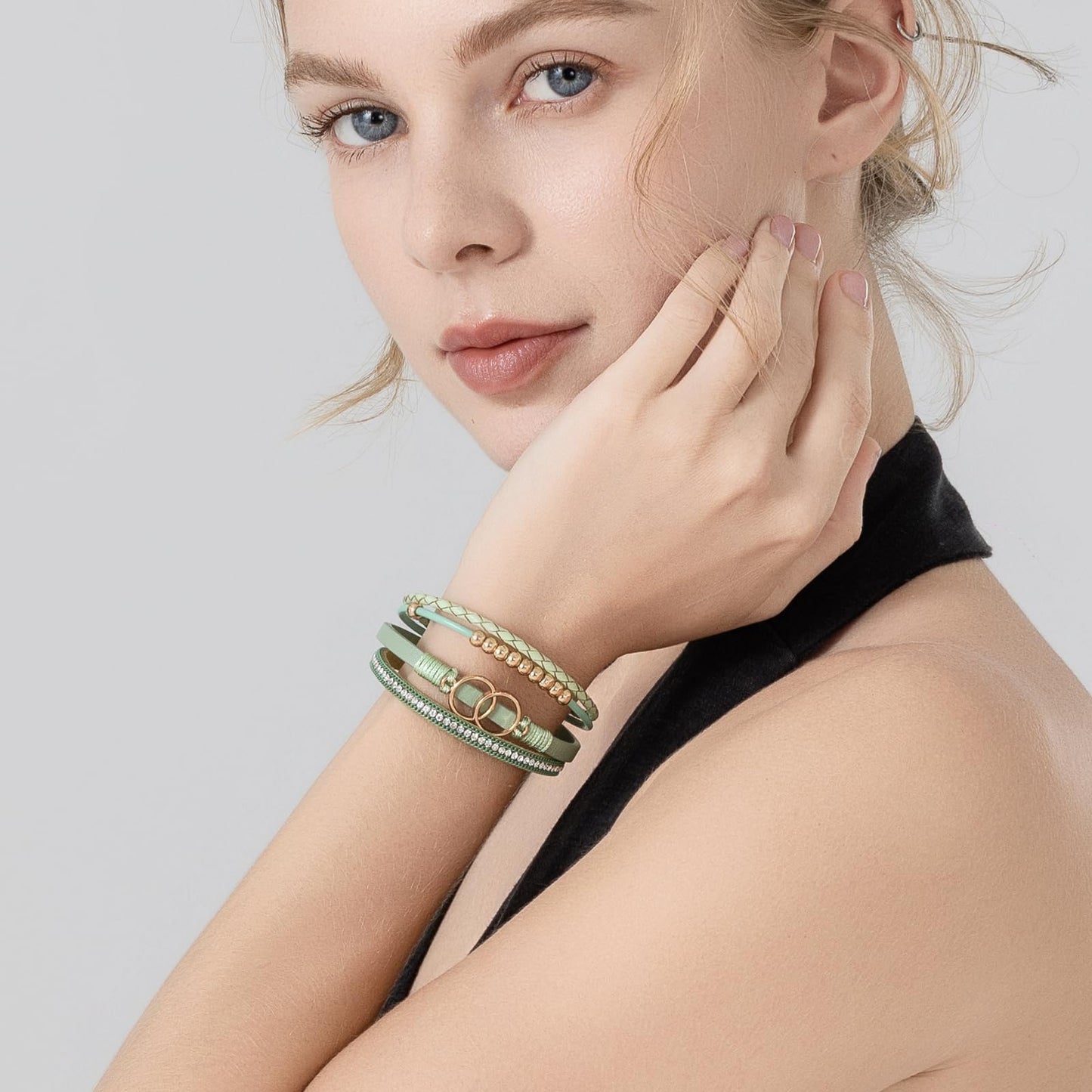 FANCY SHINY Boho Leather Wrap Bracelet Stackable Beaded Infinity Chunky Cuff Bracelets with Magnetic Clasp Western Hippie Outfits Jewelry Gifts for Women(Avocado)