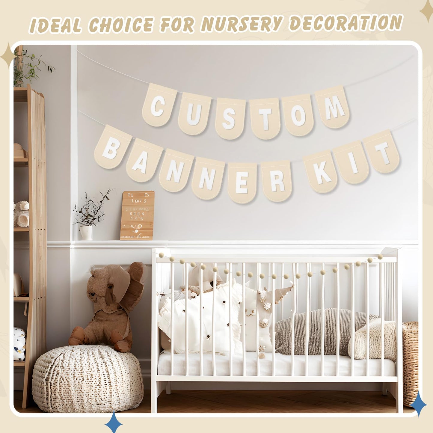 Hahafelt 125 Pcs Make Your Own Banner Kit Personalized Handmade Name Scallop Felt Banner for Baby Nurseries Kids Rooms Decor, Custom Banners for Birthday Wedding Baby Shower(Khaki)